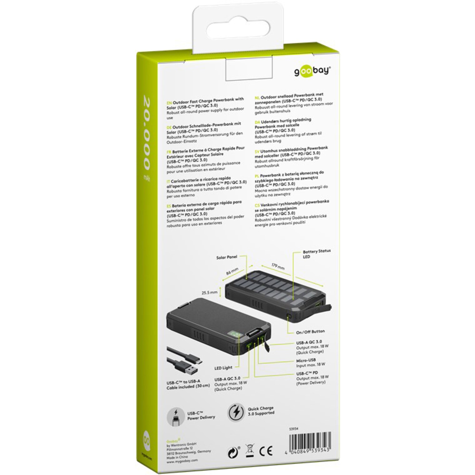 goobay Powerbank Outdoor Schnelllade-Powerbank 20.000 mAh mit Solar