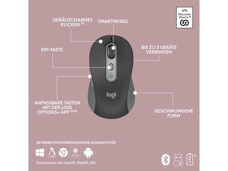 Logitech Tastatur-Maus-Set MK950 Signature Slim Combo Kabelloses Tastatur-Maus-Set mit geräuscharmen Tasten