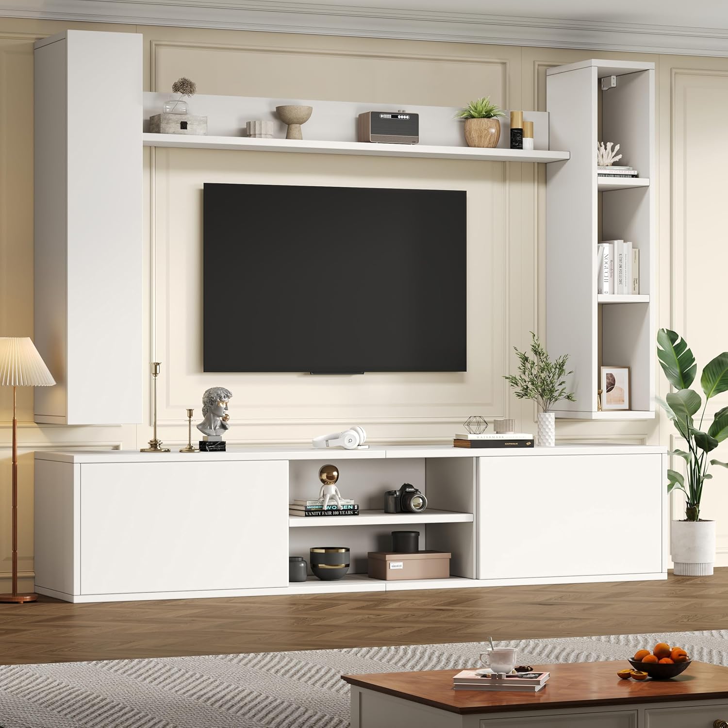 Merax Wohnwand Wohnzimmer 4-Teilig Set, Wohnzimmer Möbel Set, TV Lowboard, Wandregal, 2 Wandschrank, Vitrine Hängend oder Stehend, Wohnzimmermöbel Komplett, Elegante Schrankwand, Mediawand, Weiß