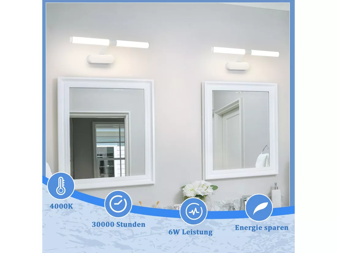 NETTLIFE Lampe de miroir LED 40CM 6W Etanche IP44 Moderne Blanc Neutre 4000K Blanc