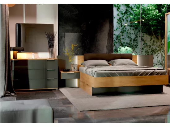 Chambre LUNA avec tiroir de rangement, chevets suspendus, lave mat et chêne clair 160x200 cm - SANS ARMOIRE