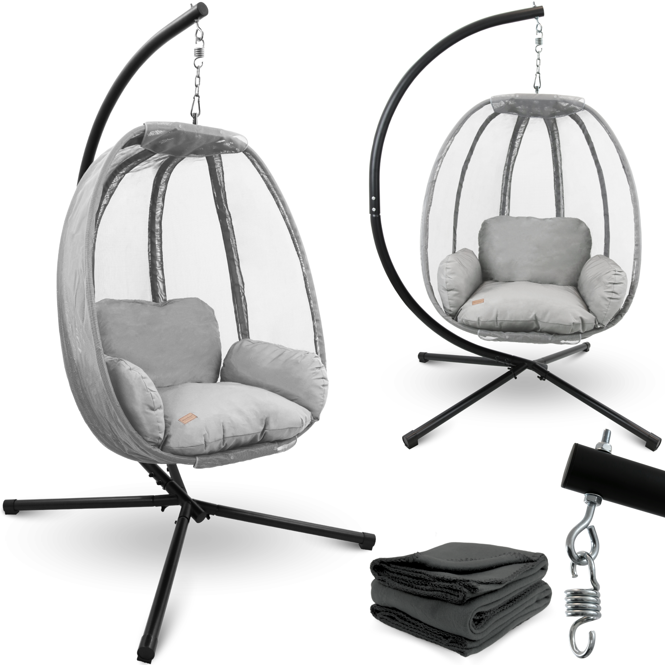 deluxe4home® Hängesessel mit Gestell I Indoor & Outdoor inkl. Kuscheldecke | Hellgrau