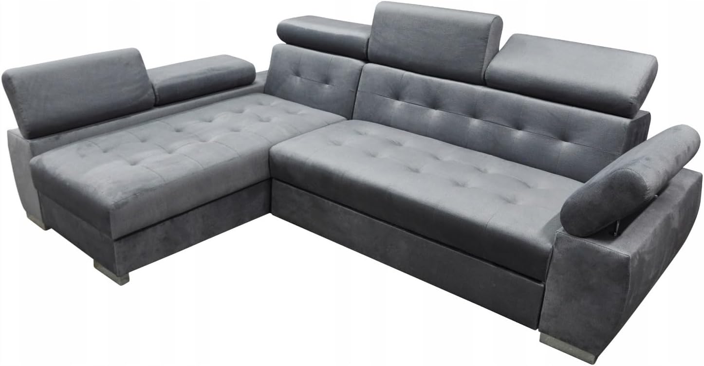 Ecksofa mit Schlaffunktion und Bettkasten OTTO 2 I Sofa L Form I Eckcouch mit Schlaffunktion I Federkern I Verstellbare Kopfstützen I Sofa Grau, Links