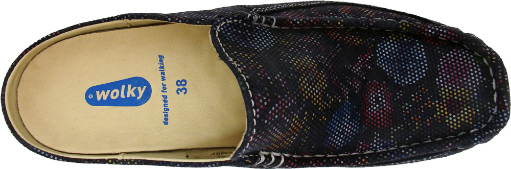 Wolky Pantoffel Roll Slide Suede Blumen blau
