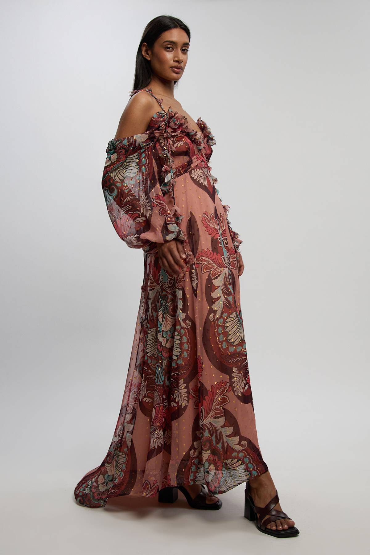 KarenMillen Robe Longue Tissée À Épaules Dénudées Imprimée À Fils Métalliques Petite