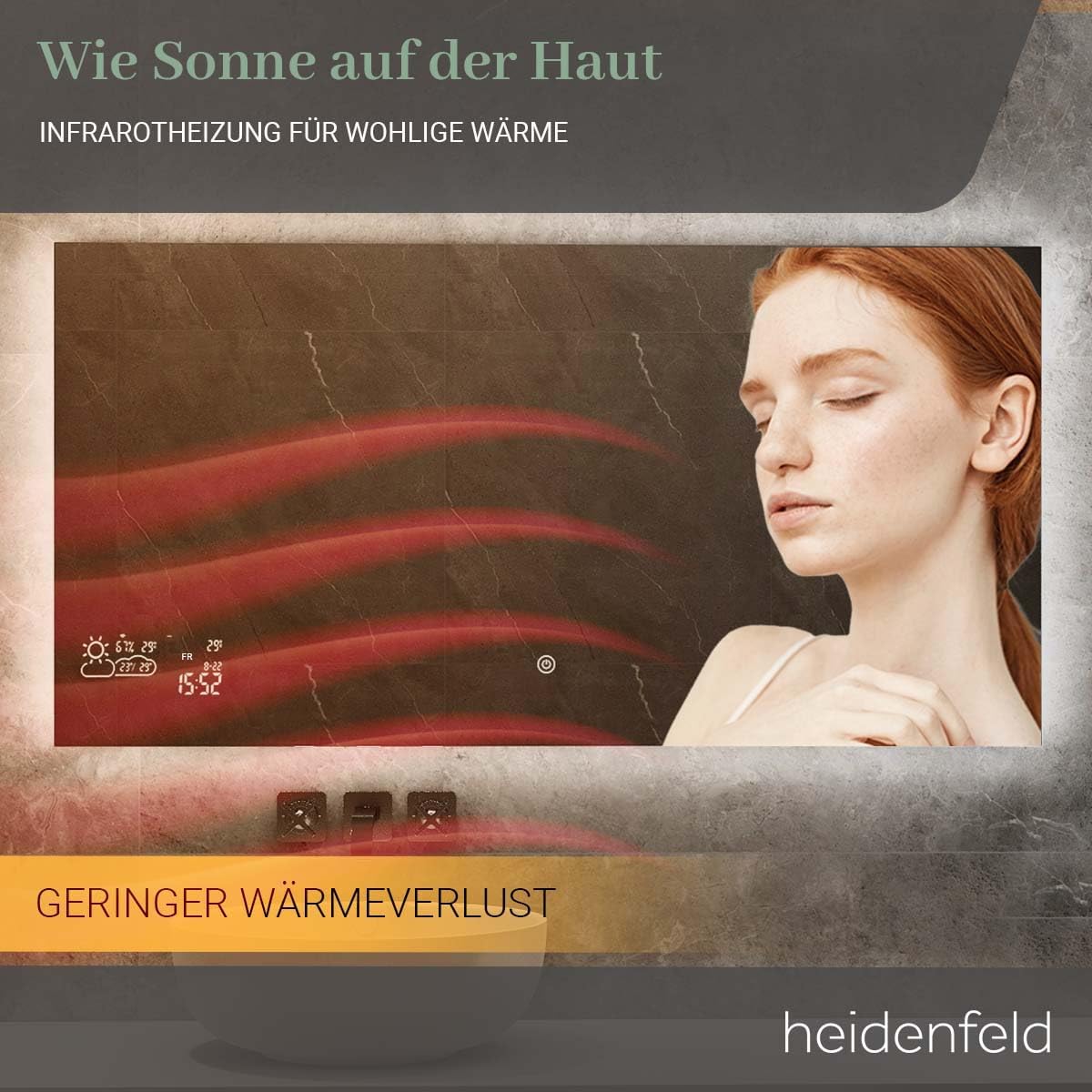 Heidenfeld Spiegel Infrarotheizung | HF-HS200 mit Touchpanel -    - 200 Watt - 60 x 60 cm - WiFi Badspiegel - Badezimmerspiegel - Infrarot Heizung Spiegel - Wandheizung