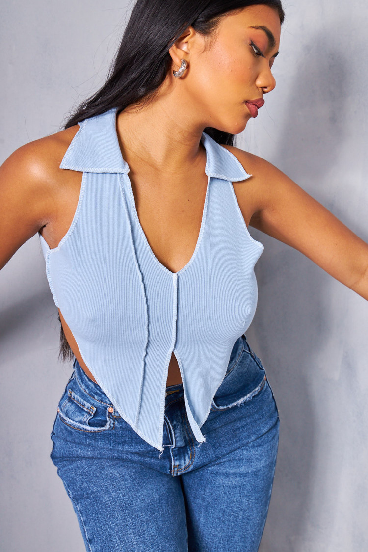 Débardeur bleu col polo coutures apparentes