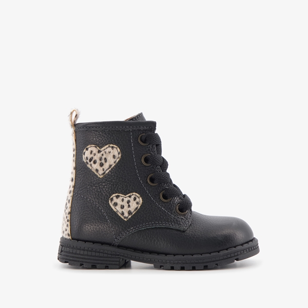 Braqeez leren meisjes veterboots zwart met hartjes