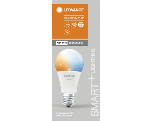 Ledvance Smart WIFI LED-lamp, dimbaar, A75 E27/9,5W (75W) mat, 1055 lm, 2700-6500 K, warm wit-daglichtwit