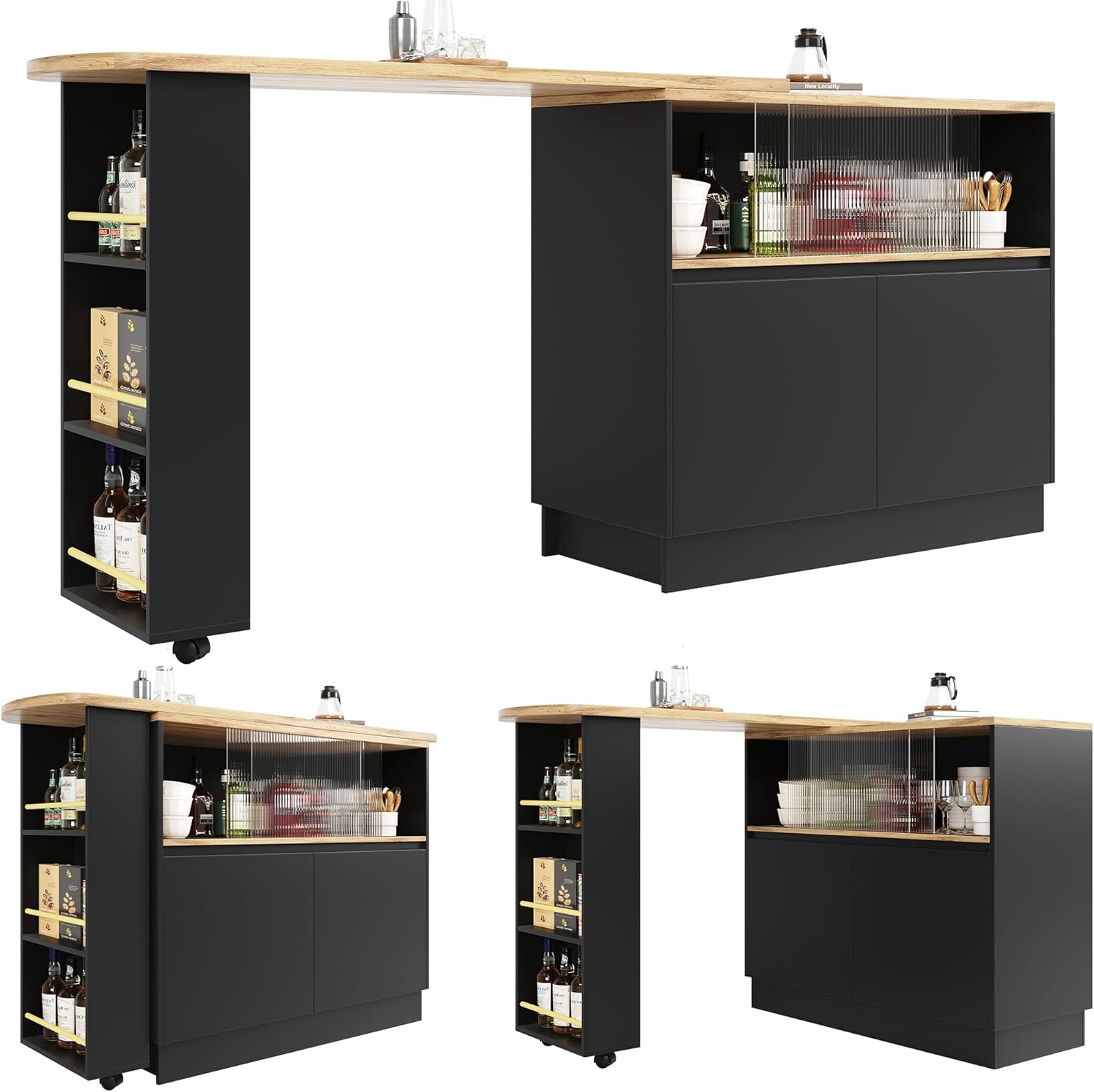 Kebnor Um 360° drehbare Essbar (Hauptkörper 90 x 45 x 100 cm), modernes, einfaches, multifunktionales, drehbares Sideboard mit Ablageflächen und Glas, geeignet für Küchen und Restaurants (schwarz)