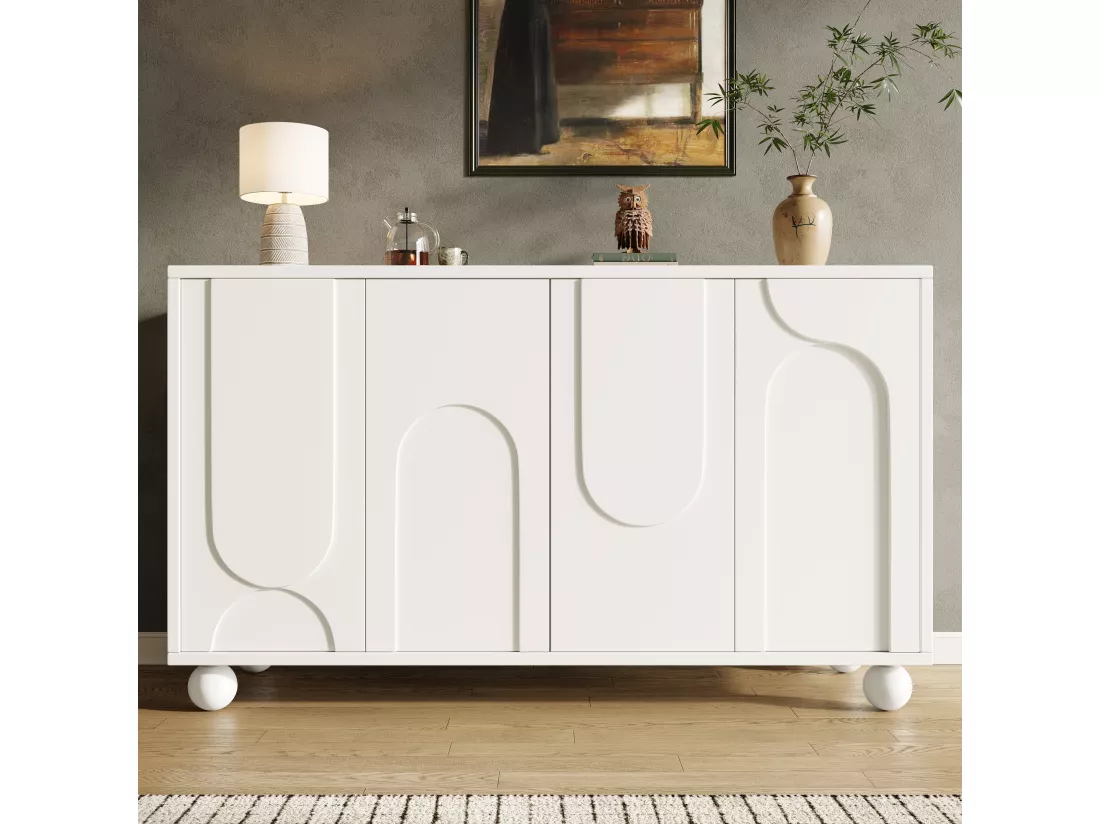 Buffet moderne avec 4 portes - 120 x 35 x 71 cm - MDF - Etagères réglables - pour salle à manger et salon - Blanc