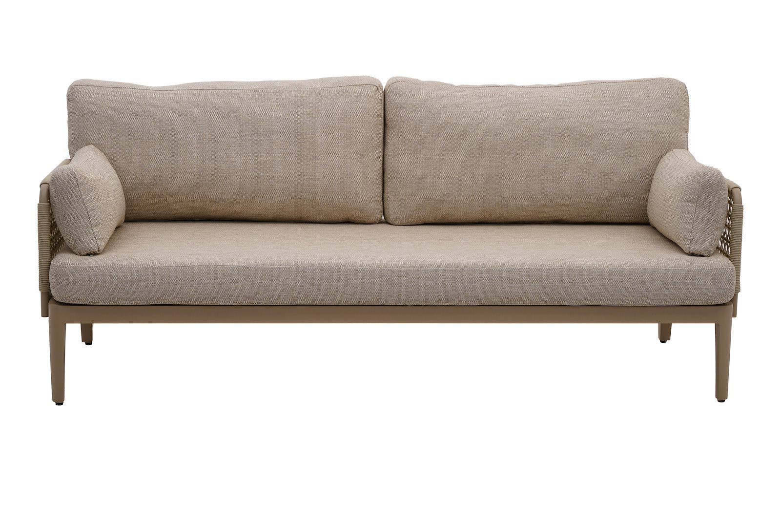 Sailon 3 seter hagesofa Hagesofa, 3-seter med beigelakkert aluminium og sider i naturfarget tau. Beige puter.