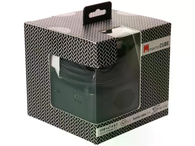 maxTex Steckdosenleiste Cube 3x T13, USB A/C, Schwarz/Schwa Mehrfachsteckdose im stylischen Design mit USB Charger A/C 18W, Textilkabel und clip-clap T12 Stecker
