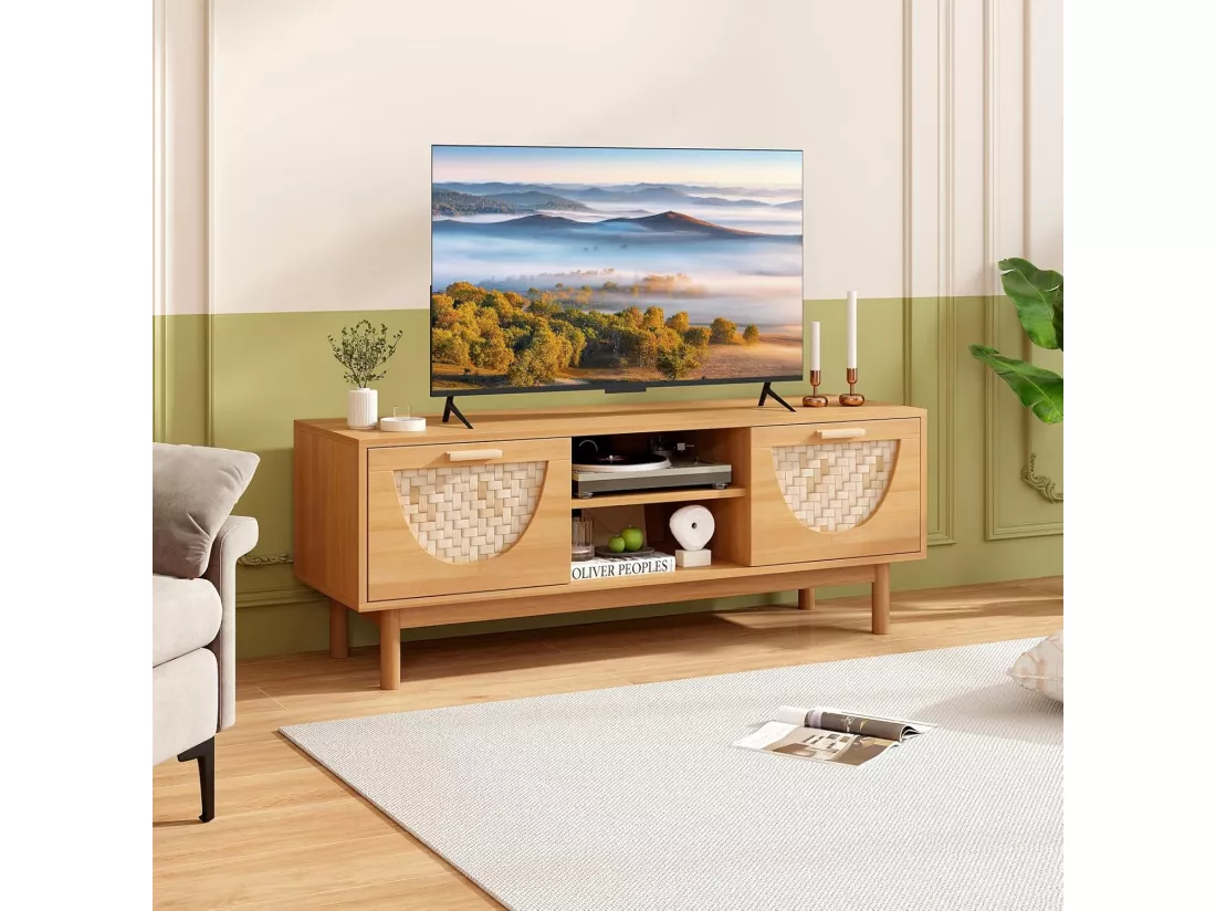 Meuble tv en bois, 2 tiroirs, 2 etagères, 2 passe-câbles, 55
