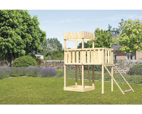 Speeltoren/speelhuis Karibu, 107 x 107 cm, van hout, bestaande uit een aanbouw en een nethelling.