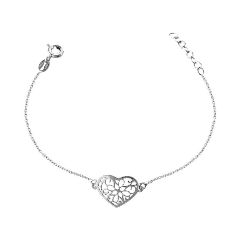 Bracelet coeur ajouré arabesque fleur Argent 925 Rhodié