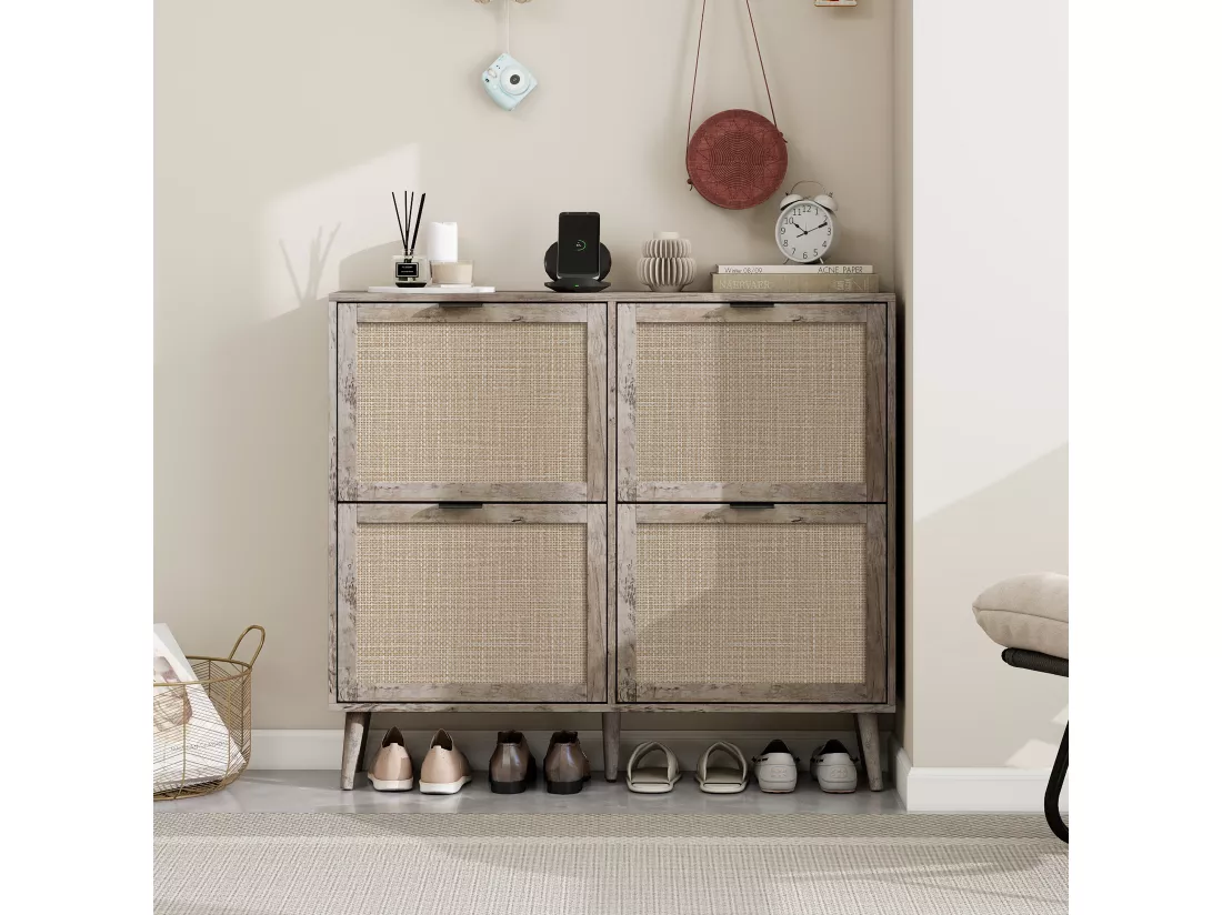 Meuble à chaussures rétro gris à 4 portes, avec look en rotin, double étagère, 105 cm, avec fond arrière, idéal pour couloir et espaces similaires