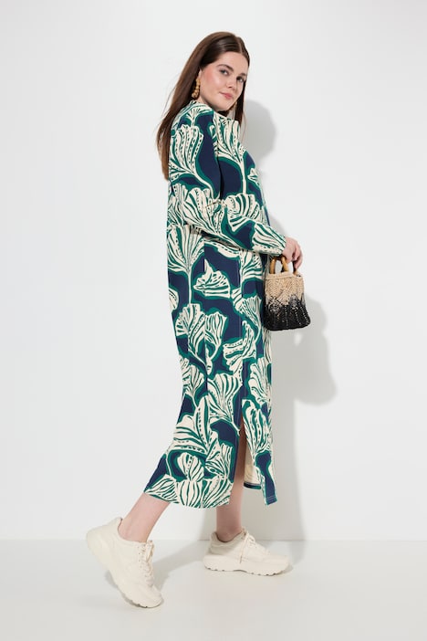 Maxi-Sweatkleid, Blätter, Wasserfall-Ausschnitt, Langarm
