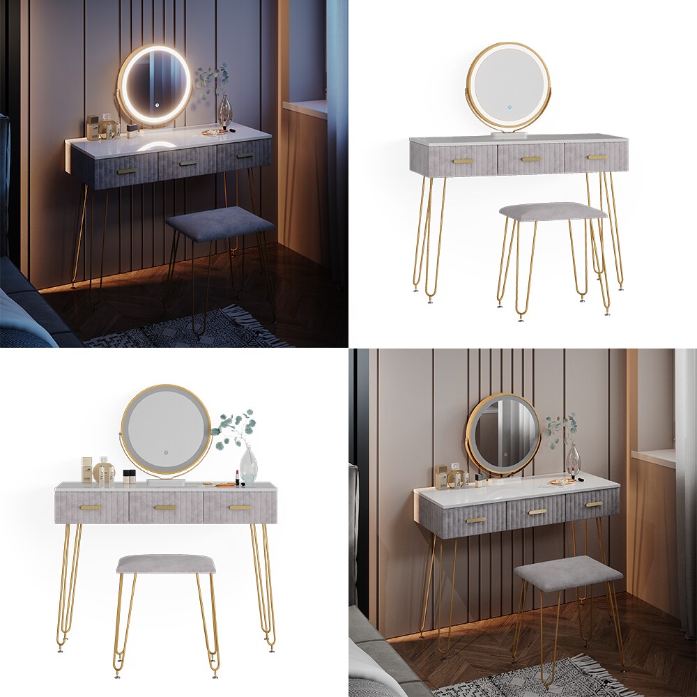 Vicco Schminktisch Frisiertisch Schminkkommode Layla Weiß Grau LED-Spiegel Design-Hocker 100x79 cm modern Schlafzimmer Kommode Schublade Ablage Aufbewahrung Touch-Switch Kosmetiktisch Make-Up-Tisch