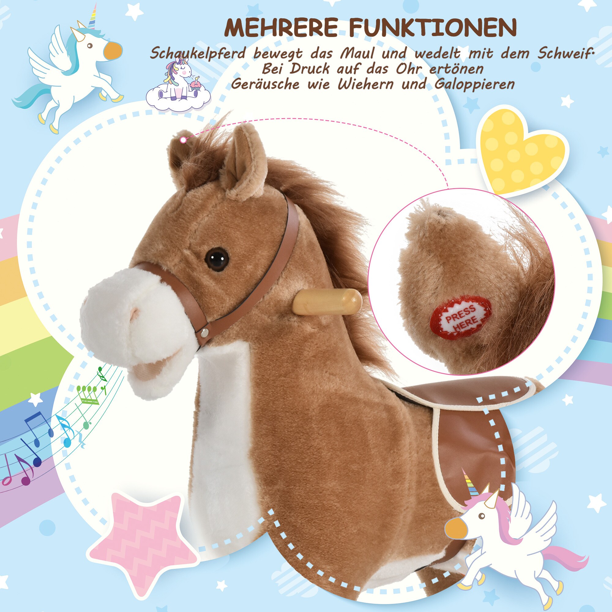 HOMCOM Kinder Schaukelpferd mit Tiergeräusche 65 x 32,5 x 61 cm (LxBxH)