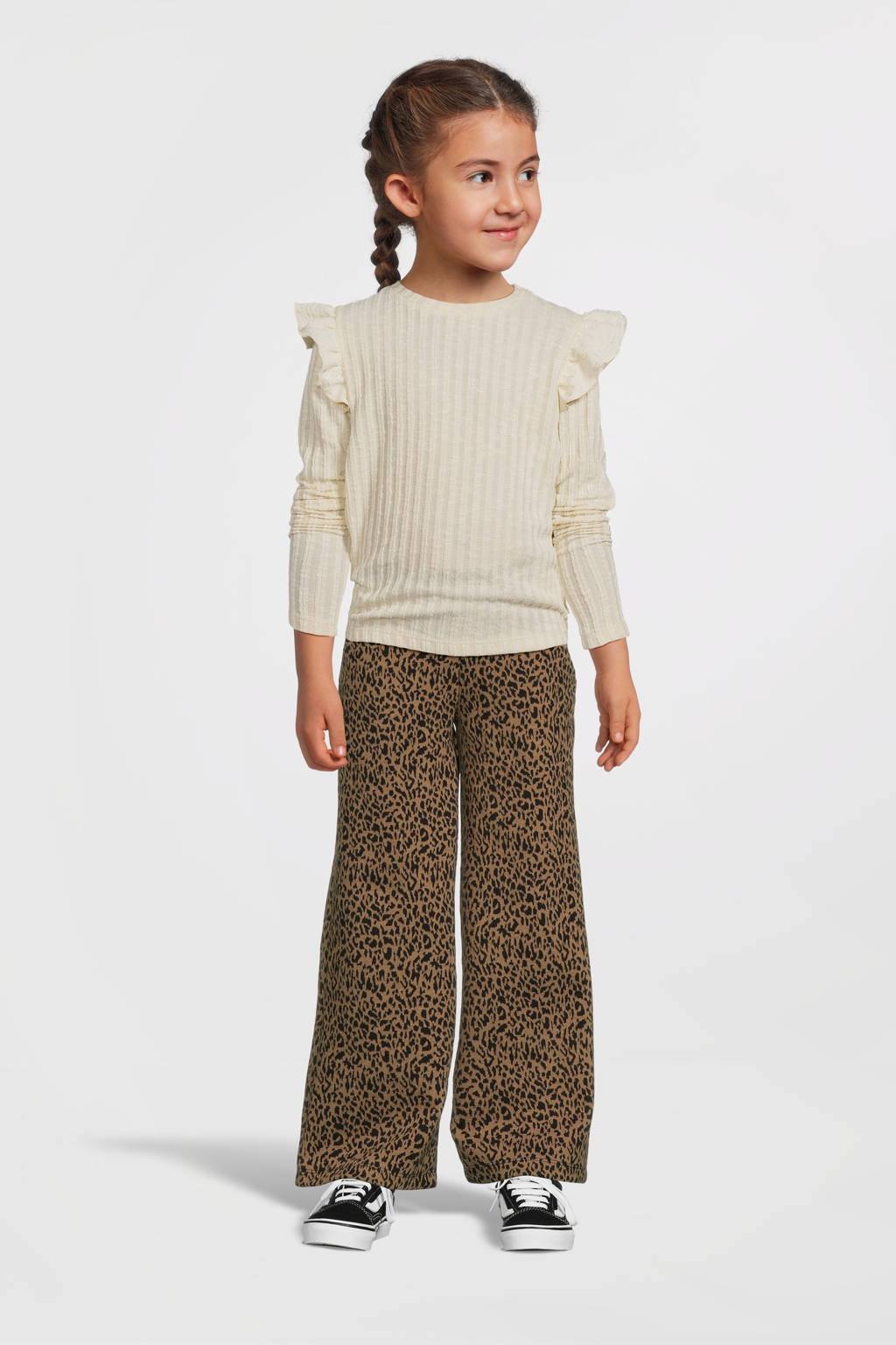 Moodstreet straight fit broek Belle met all over print lichtbruin/zwart