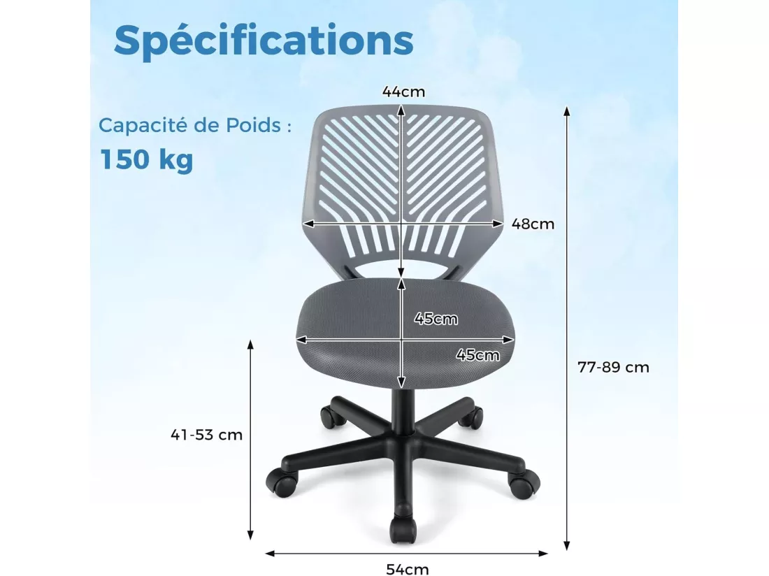 Chaise de Bureau Pivotante Enfants avec Hauteur Réglable 77-89cm, Siège à roulettes avec Dossier Ergonomique & Base à 5 Étoiles, Charge 150kg pour Enfant Adolescent Adulte(Gris)