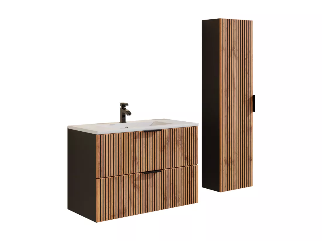 Meuble de salle de bain suspendu strié avec vasque à encastrer et colonne - Naturel clair et noir - 80 cm - MADELA
