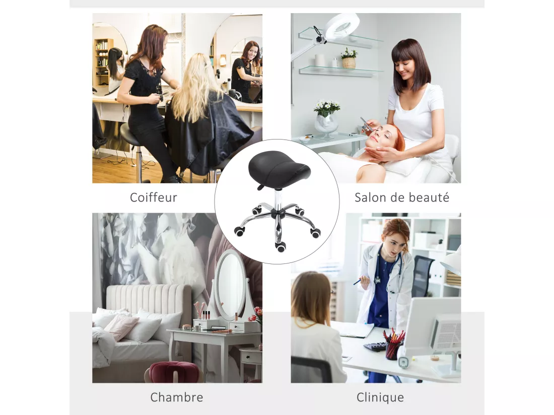 Tabouret de massage tabouret selle ergonomique pivotant 360° hauteur réglable revêtement synthétique noir chromé