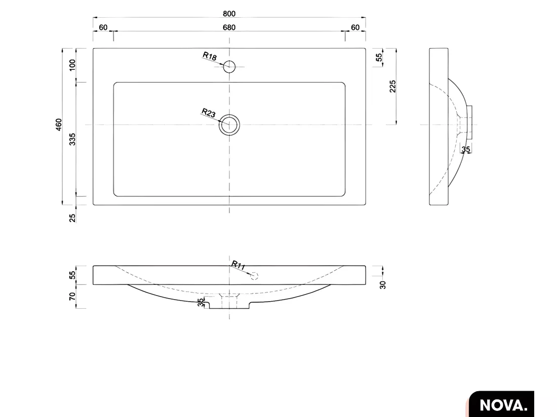 Vasque à encastrer avec siphon OFFERT | NOVA | Blanc | 80 × 6 × 46