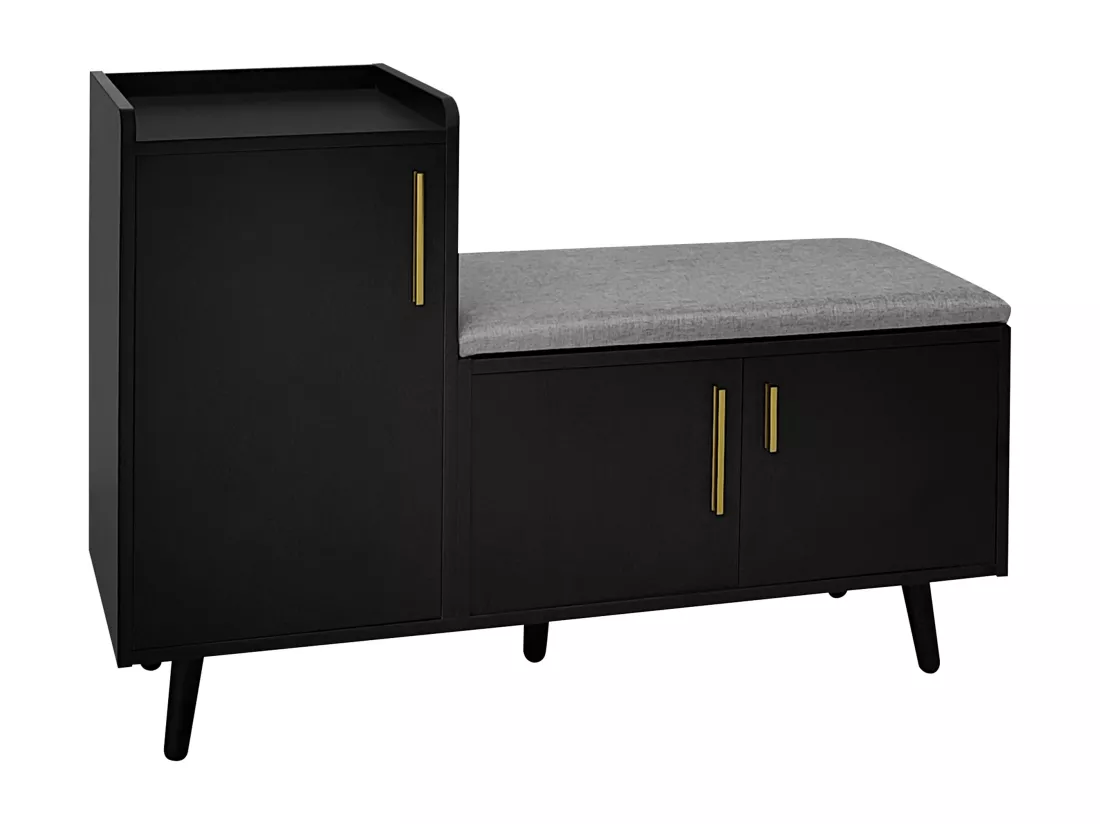 Banc à chaussures moderne avec 3 portes et coussin - pièds et poignées en métal - coloris noir - 100 x 34 x 69 cm