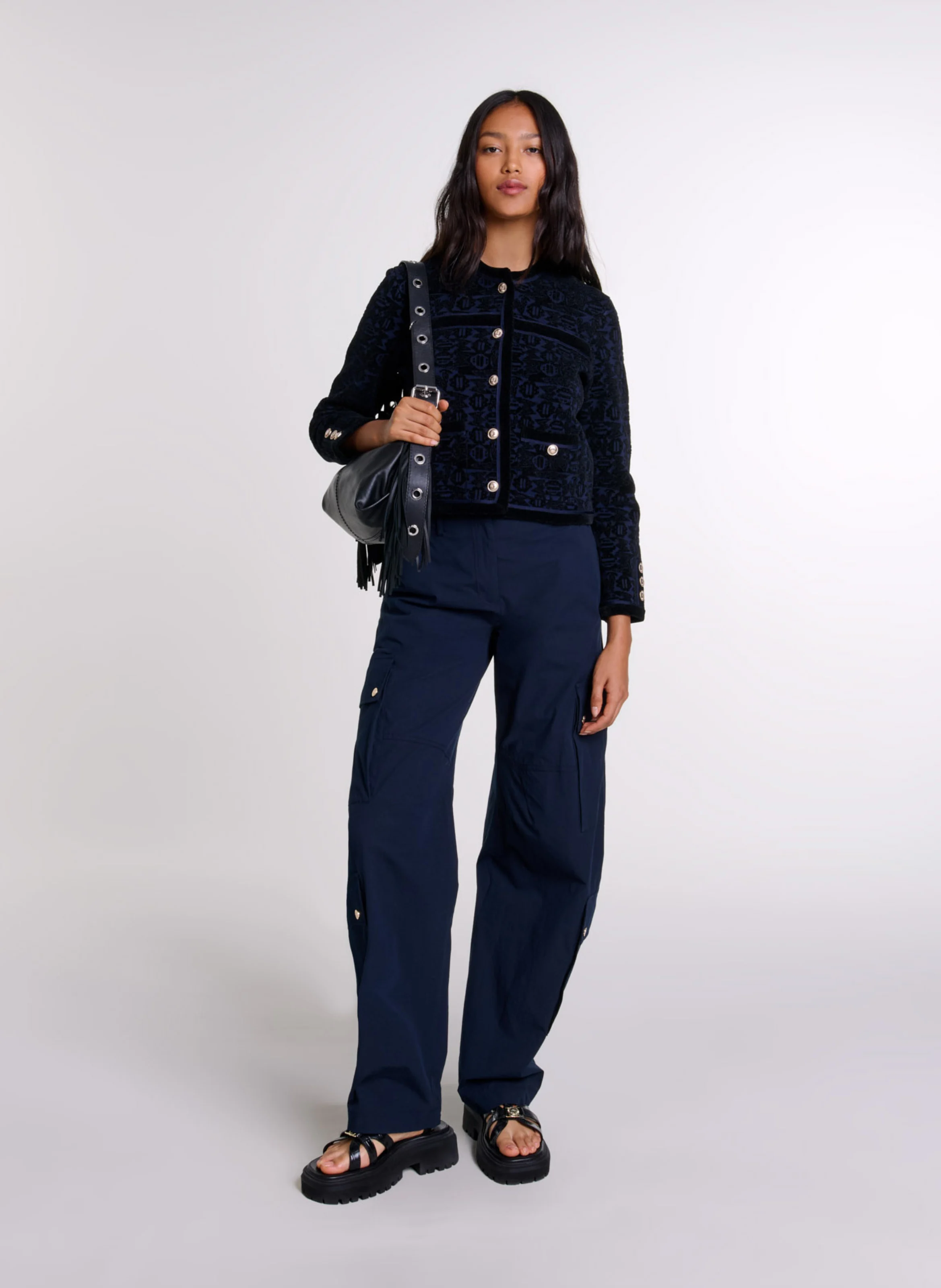Cardigan col rond droit en jacquard imprimé | Noir