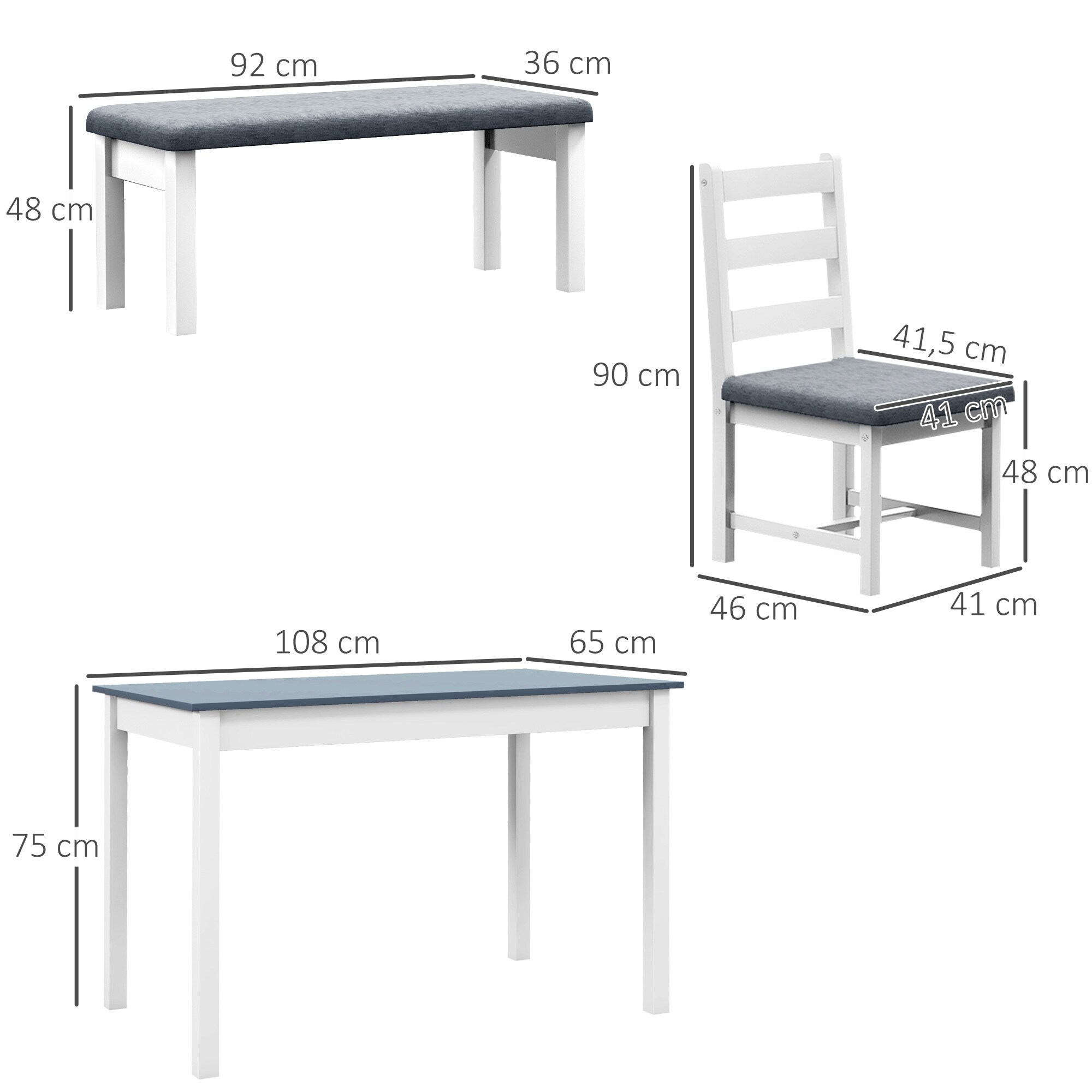 HOMCOM Essgruppe mit 2 gepolsterten Stühlen und einer Bank weiß, grau 108L x 65B x 75H cm