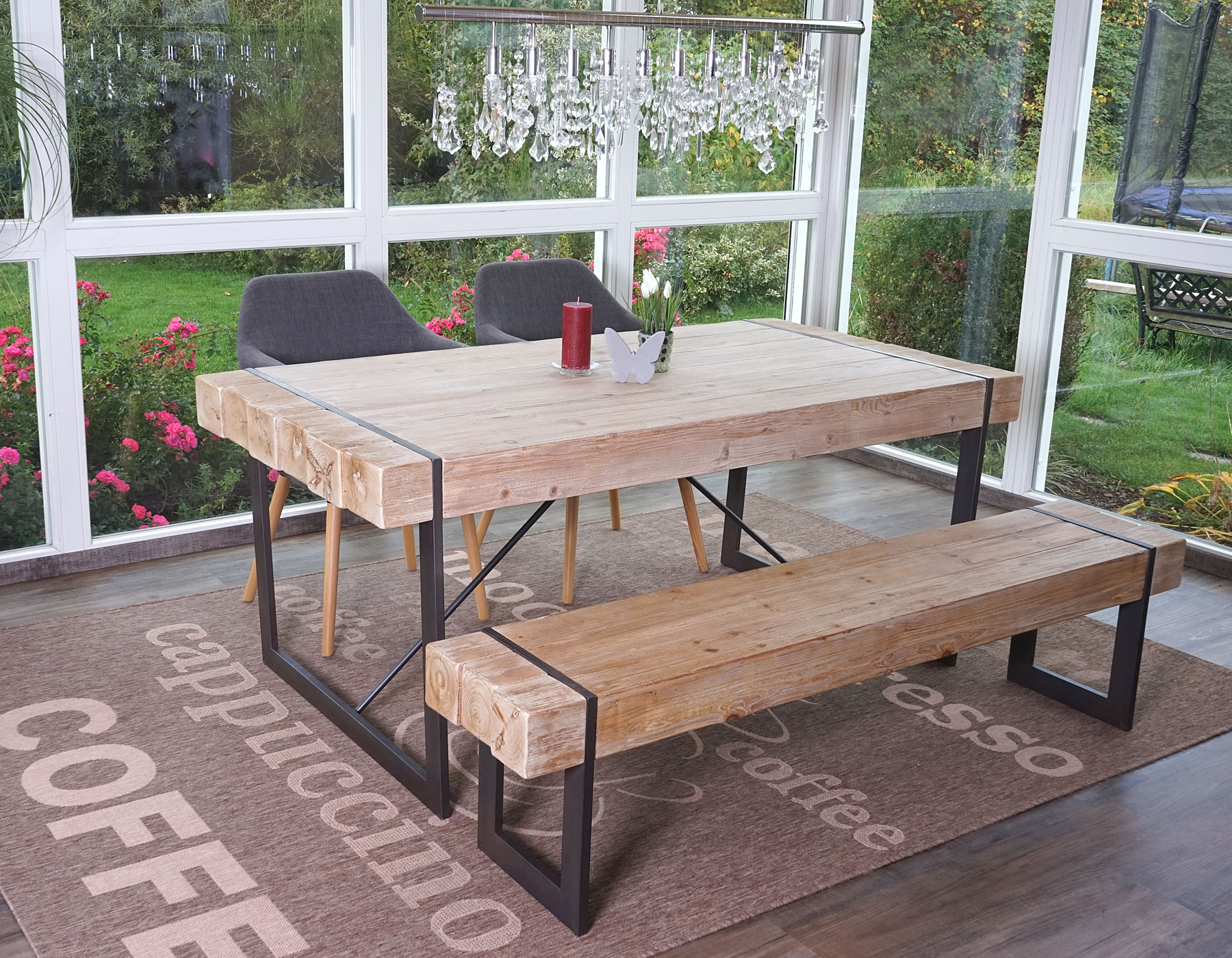 Esszimmergarnitur MCW-A15, Esstisch + 2x Sitzbank, Tanne Holz rustikal massiv MVG-zertifiziert ~ naturfarben 160cm