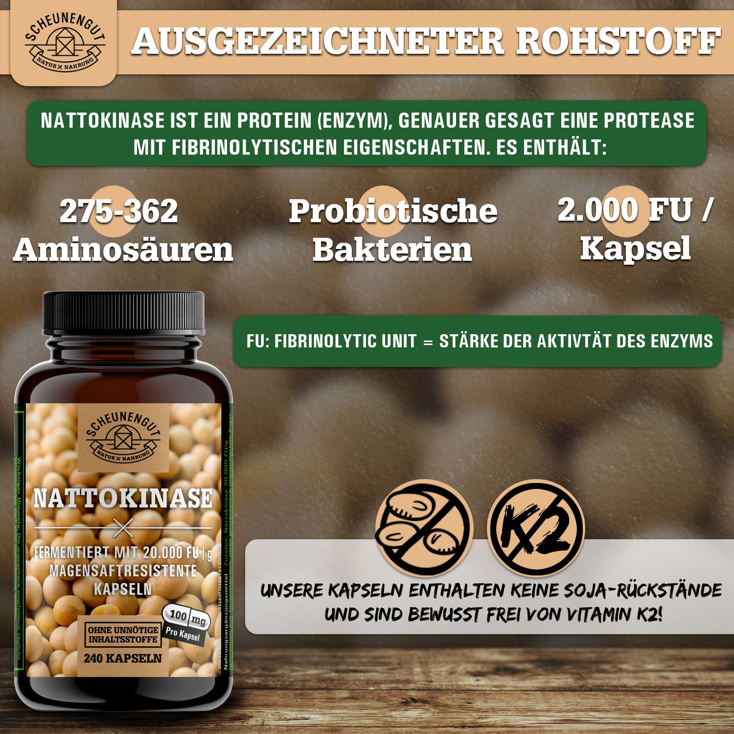Scheunengut® Nattokinase 20.000 FU/g | pflanzliche Fermentation, 100% rein & vegan