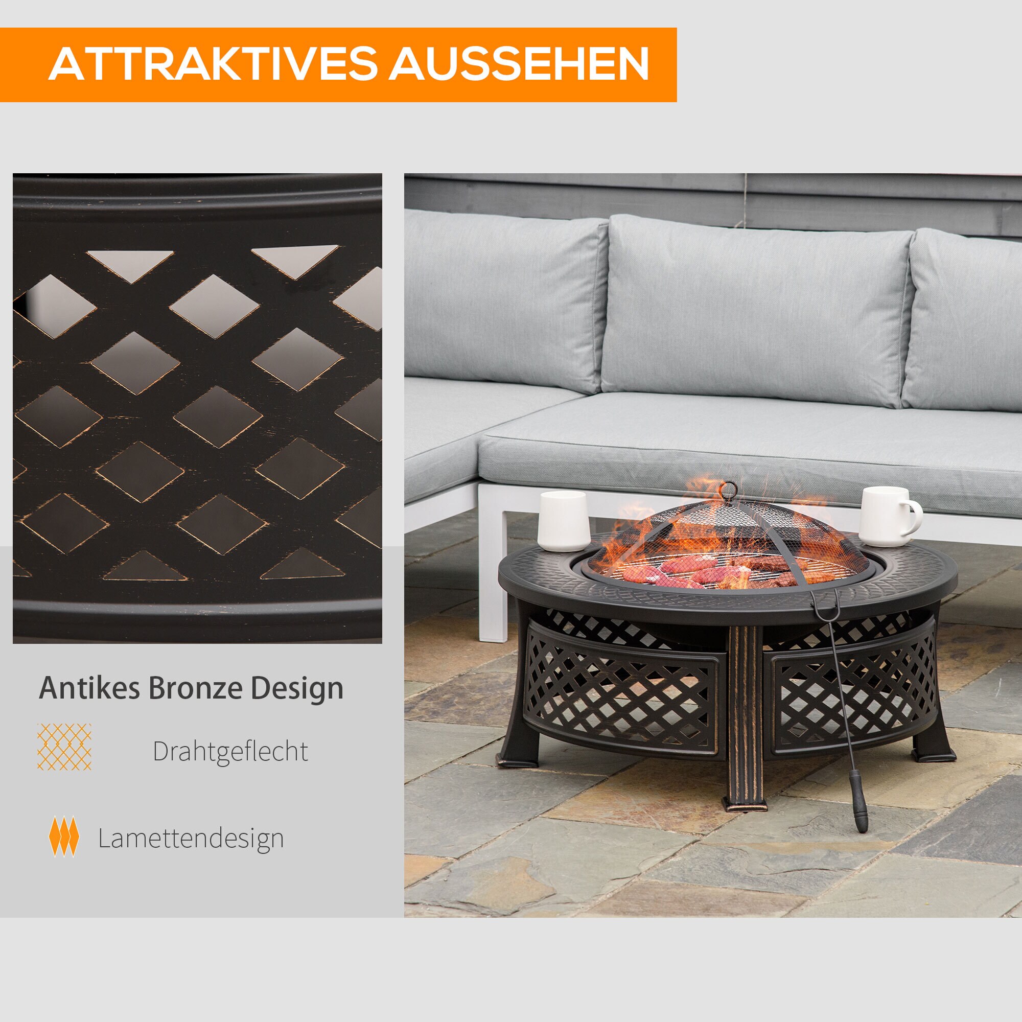 Outsunny Feuerschale mit 2 in 1 Funktion auch als Grill verwendbar schwarz 81L x 81B x 50H cm