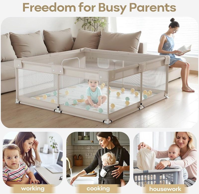 Babybox van 150 x 150 x 68 cm met Oxford-stoffen mat, XXL-barrières en ademend gaas aan vier zijden met zuignappen