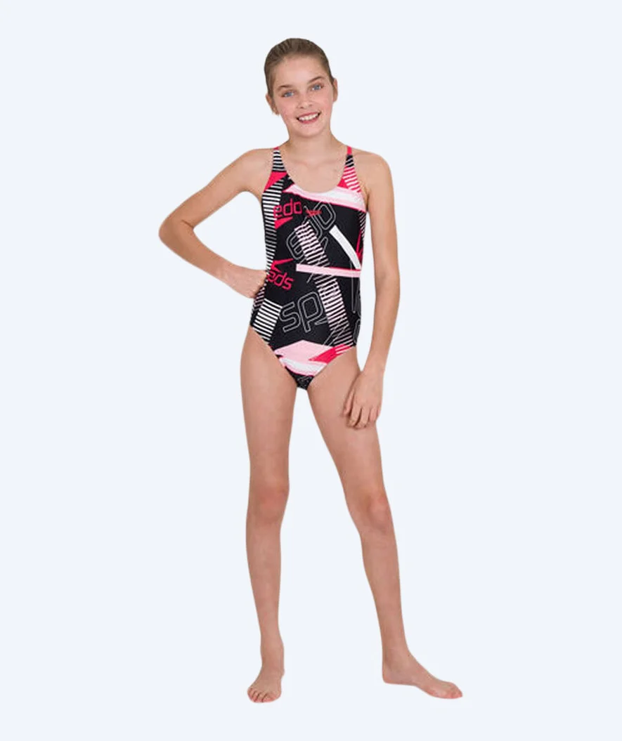 Speedo badedragt til piger - Junglespeak Allover Tieback - Sort/rød/lyserød