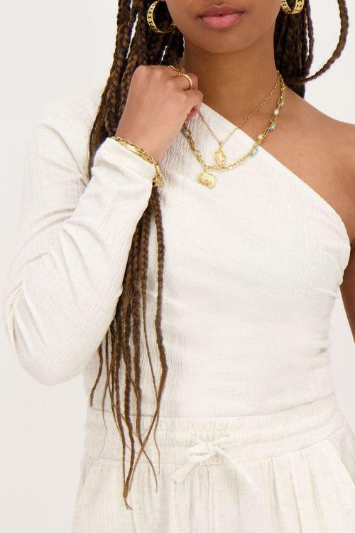 Beige linnen look one-shoulder top
