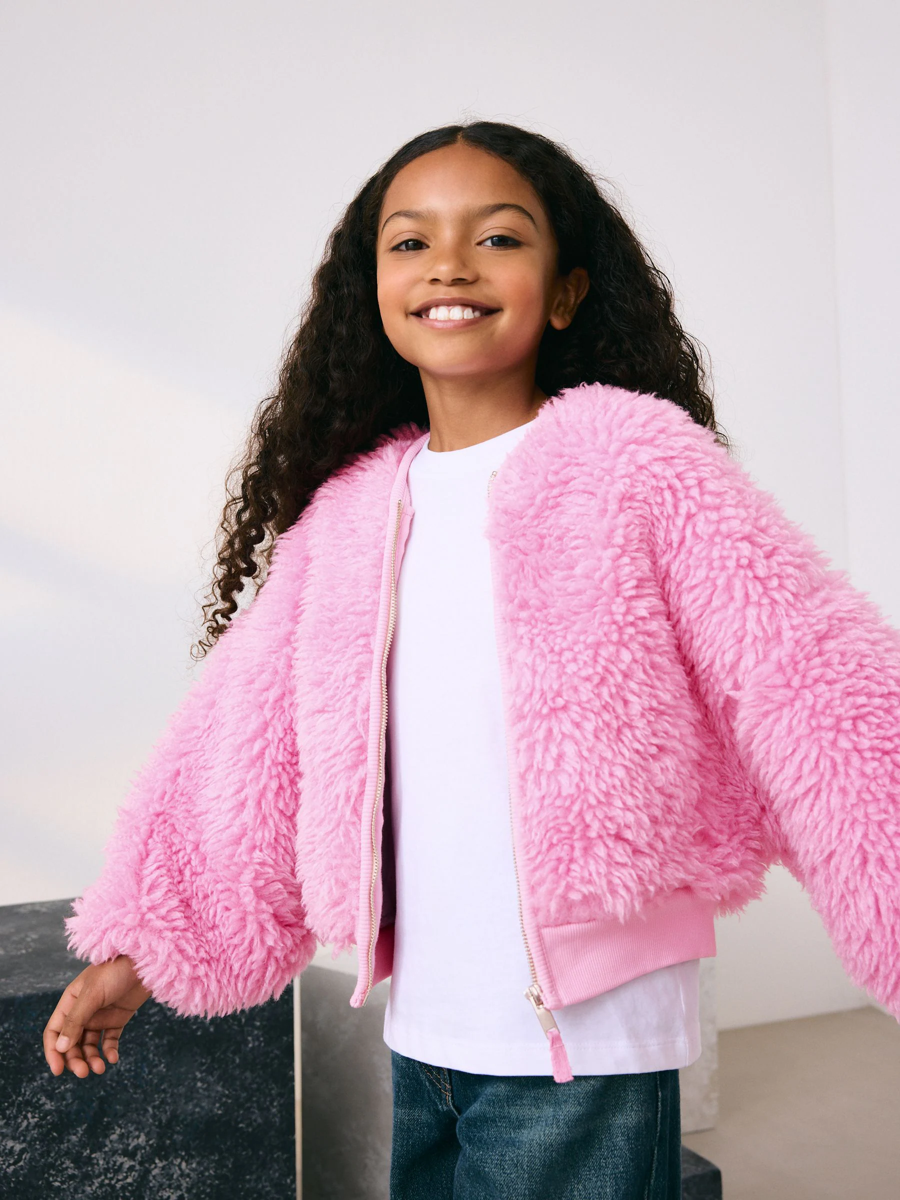 Roze - Donzige fleece borg jack met rits (3-16jr)