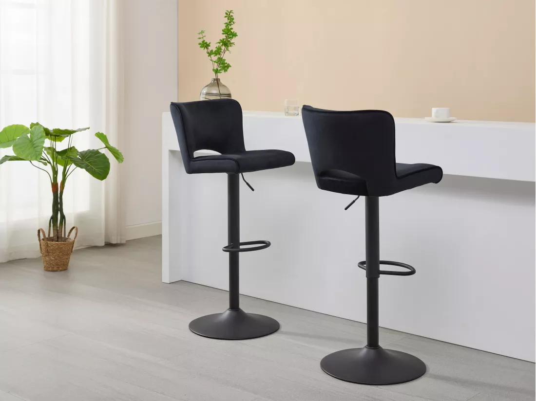Lot de 2 tabourets de bar en velours et métal - Hauteur réglable - Noir - MIRIALO