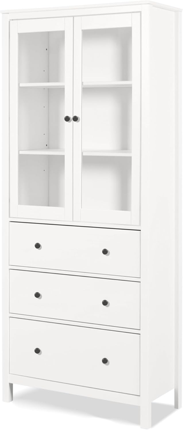 KHG Vitrine Landhausstil weiß Massivholz Kiefer-Echtholz Glastüren 3 Fächer 3 Schubladen