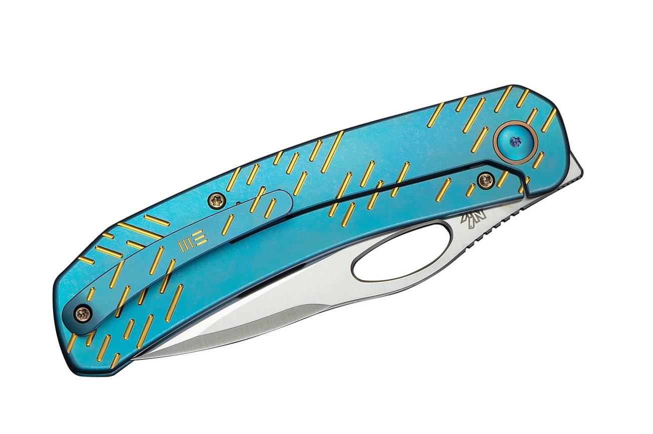 WE Knife Inmate WE23096B-3, Satin Finished CPM 20CV, Blue Titanium Gold Raindrop Pattern zakmes, Jerad Neeve design