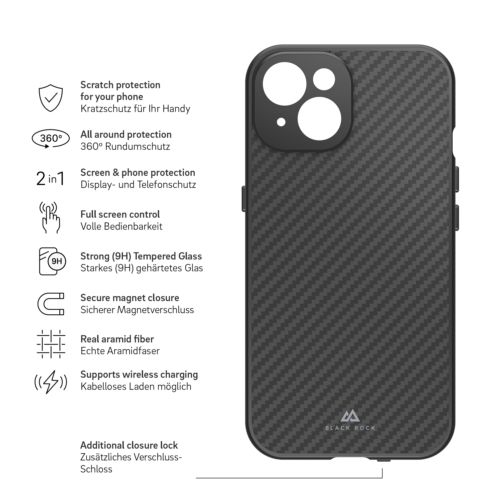 iPhone 14 Magnetische 360° Glass Schutzhülle mit Echt Carbon Backcover   Display- / Kameraschutz (1200TGCB02) - Schwarz