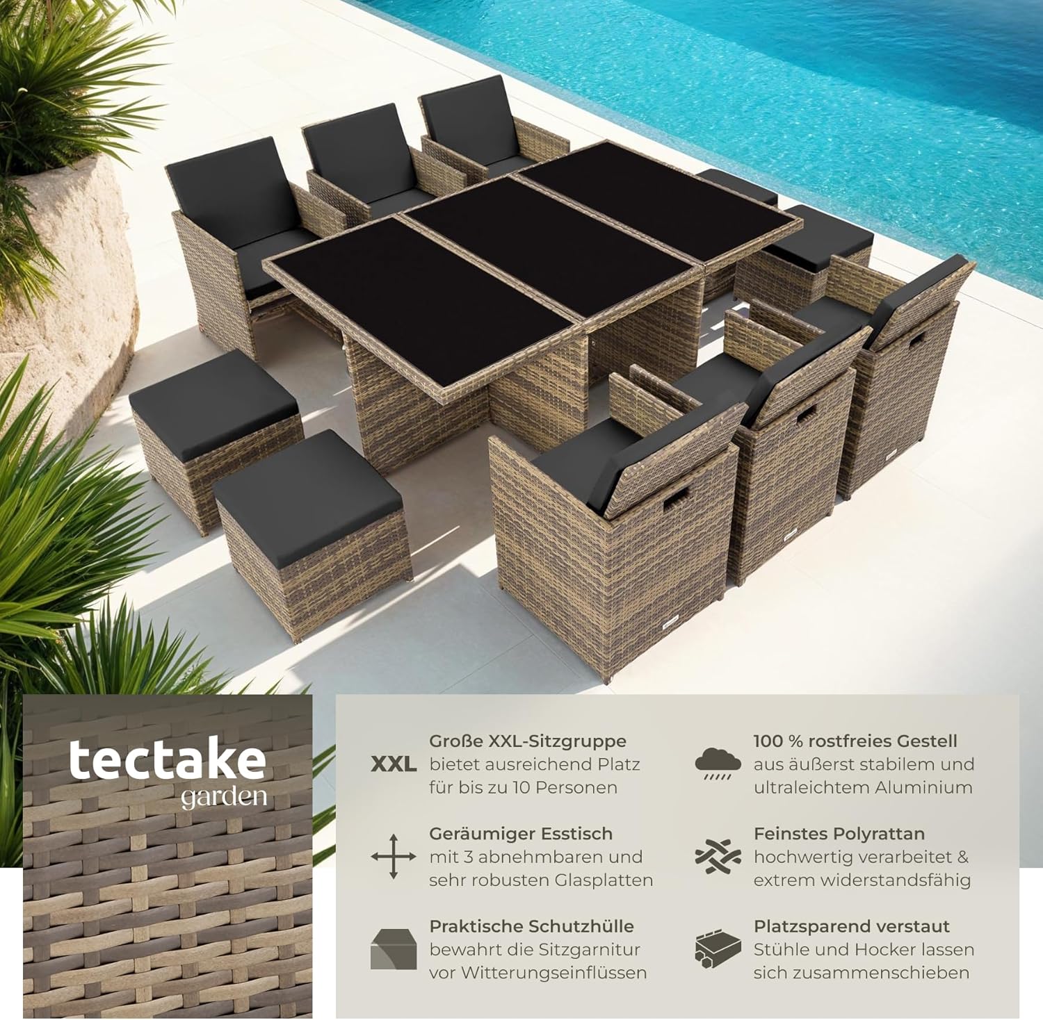 tectake Polyrattan Gartenmöbel Set, Sitzgruppe mit 6 Stühle +1 Glasplatte Tisch + 4 Hocker, Gartenlounge Set klappbar, für bis zu 10 Personen, Balkon Möbel, inkl. 2 Bezugsset - Natur
