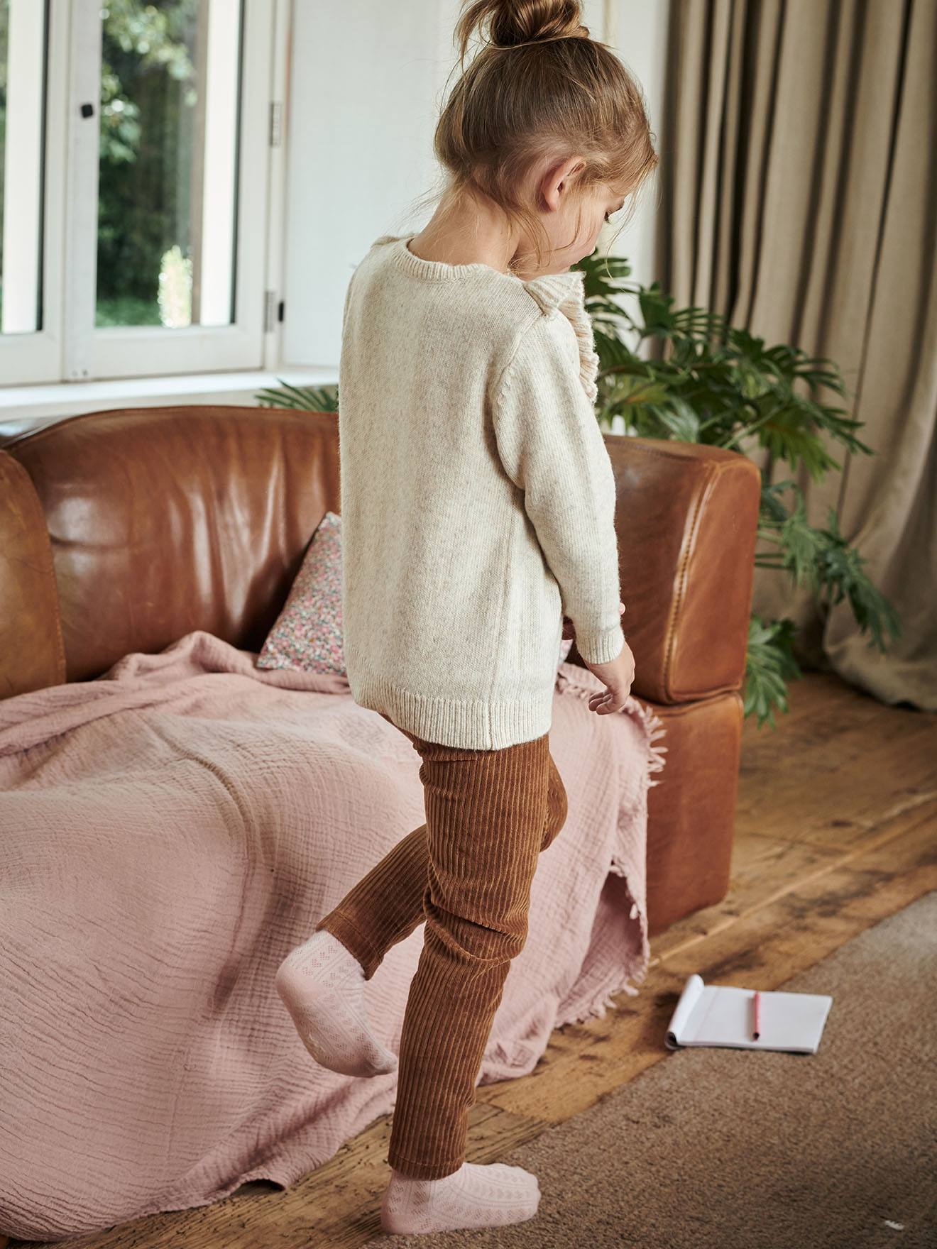 Calças legging de veludo cotelê, lisas, marrom médio, para meninas.