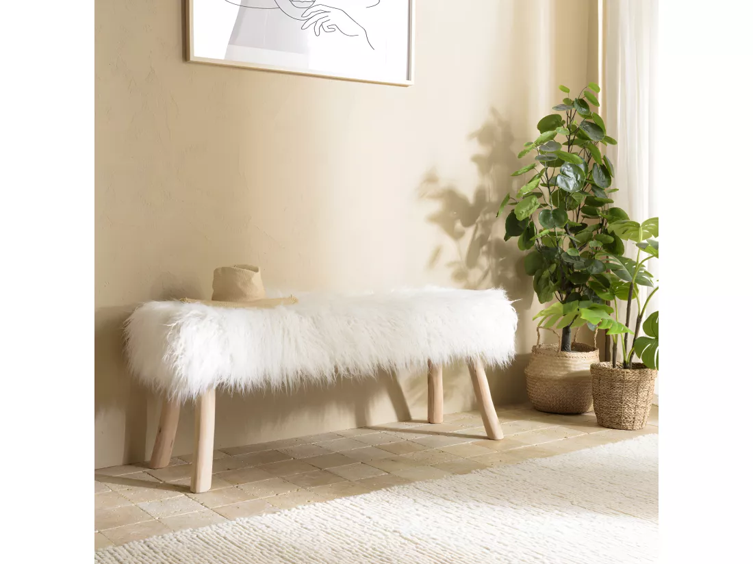 CHARLES - Banc 120x40cm peau de mouton couleur ivoire pieds bois naturel