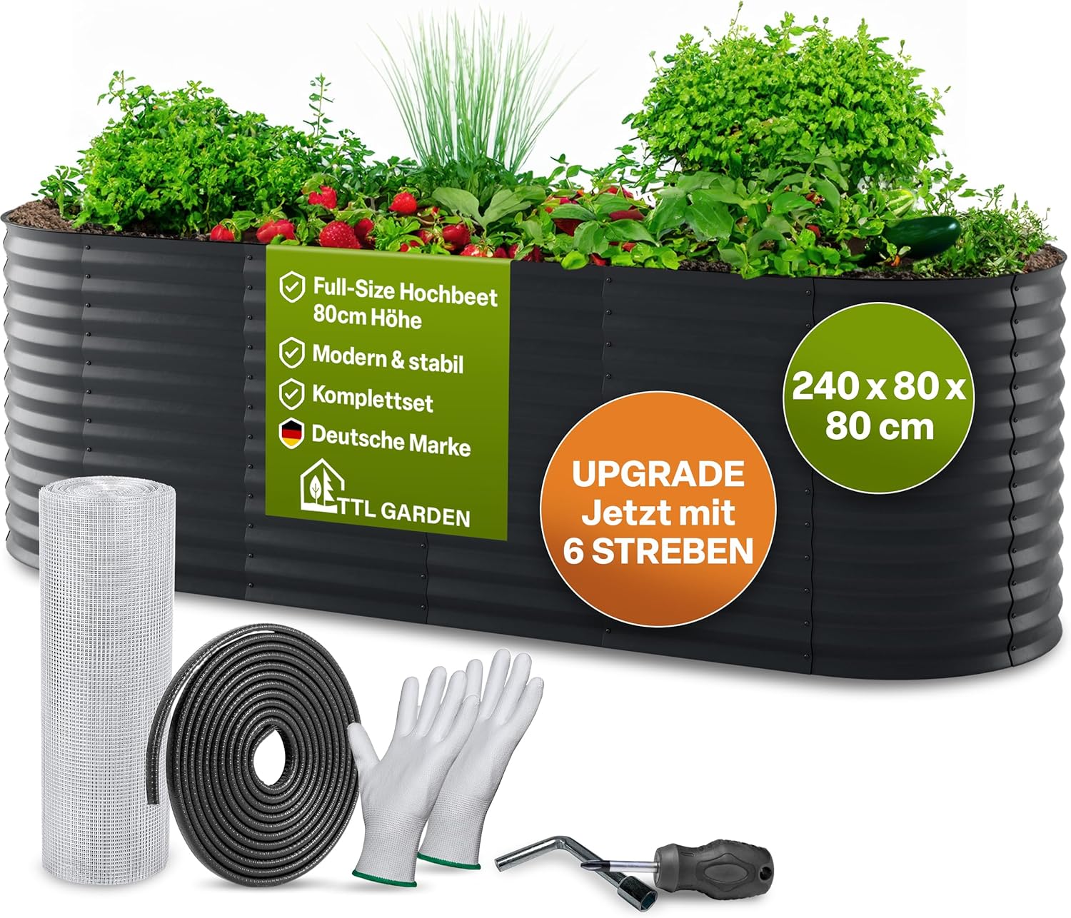 TTL GARDEN 240x80x80cm Elegance L Metall Hochbeet Anthrazit - Stahl rostfrei verzinkt & grau lackiert Wellblech ovale Form sehr stabil Garten Beet für Gemüse Kräuter Blumen Gartenbeet Gemüsebeet