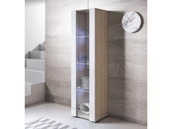 Vitrine pour Salon Salle à manger en Sonoma et Blanc avec LED 40x29x167cm Luke V5