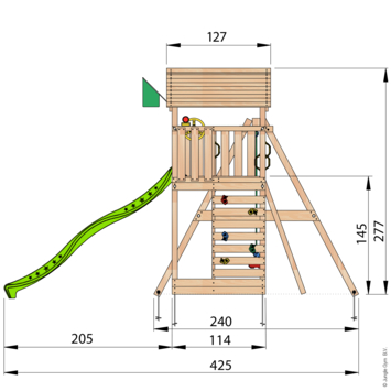 Speeltoestel Jungle Gym Cottage douglas met glijbaan groen en 2-schommel module