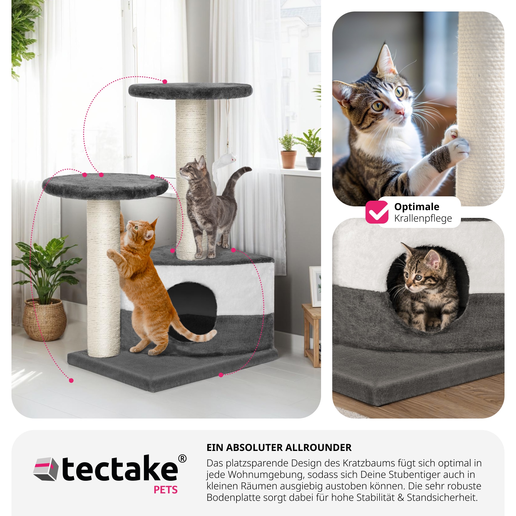 tectake® Kratzbaum, 71 cm, mit Katzenhaus, inklusive Spielmaus